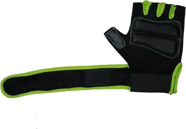 Black and green hand gym gloves made with high-quality materials for a comfortable and secure fit during weightlifting and other exercises. These gloves feature reinforced stitching, adjustable wrist straps, and a non-slip grip to prevent injury and maximize performance. Perfect for fitness enthusiasts who want to protect their hands and improve their workout experience.