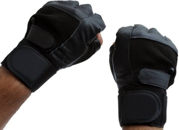 Black hand gym gloves designed for weightlifting and other exercises, made with high-quality materials for a comfortable and secure fit. These gloves feature reinforced stitching, adjustable wrist straps, and a non-slip grip to prevent injuries and enhance performance. Perfect for fitness enthusiasts who want to protect their hands and improve their grip during intense workouts.