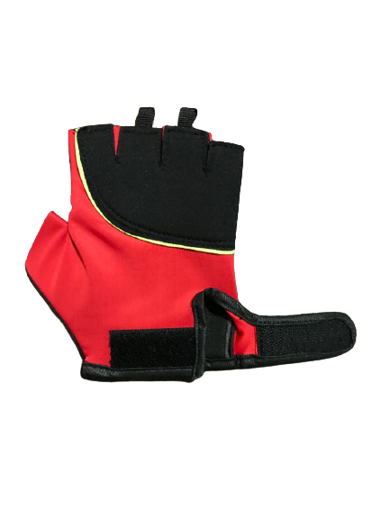 Black and red hand gym gloves designed for weightlifting and other exercises, made with durable materials to ensure a secure and comfortable fit. These gloves feature reinforced stitching, adjustable wrist straps, and a non-slip grip to maximize performance and prevent injuries. Perfect for fitness enthusiasts who want to protect their hands during intense workouts and improve their grip