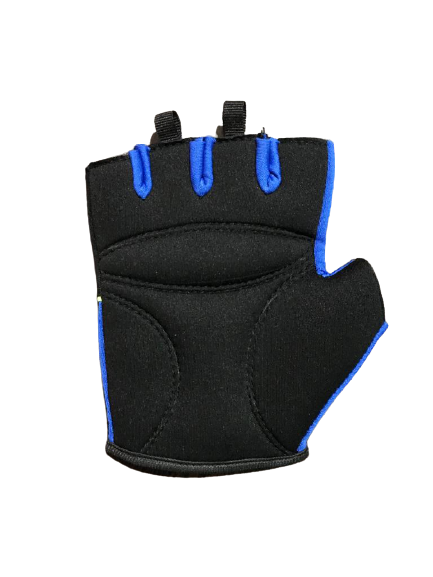 Black and blue hand gym gloves designed for weightlifting and other exercises, made with high-quality materials for a comfortable and secure fit. These gloves feature reinforced stitching, adjustable wrist straps, and a non-slip grip to prevent injuries and enhance performance. Ideal for fitness enthusiasts who want to protect their hands and improve their grip during intense workouts.