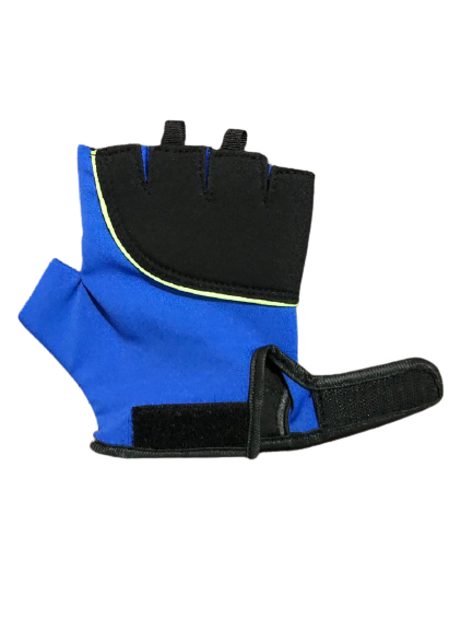 Black and blue hand gym gloves designed for weightlifting and other exercises, made with high-quality materials for a comfortable and secure fit. These gloves feature reinforced stitching, adjustable wrist straps, and a non-slip grip to prevent injuries and enhance performance. Ideal for fitness enthusiasts who want to protect their hands and improve their grip during intense workouts.